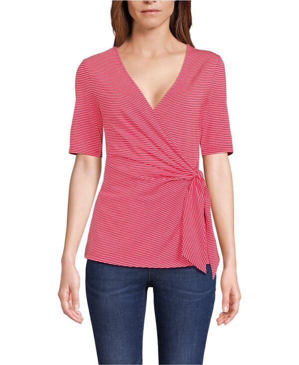 ランズエンド レディース トップス シャツ プチ ブラウス ジャージー Lands End Womens Petitelbow Sleeve Lightweight Jersey Side Tie Blouse Berry rouge tiny stripe