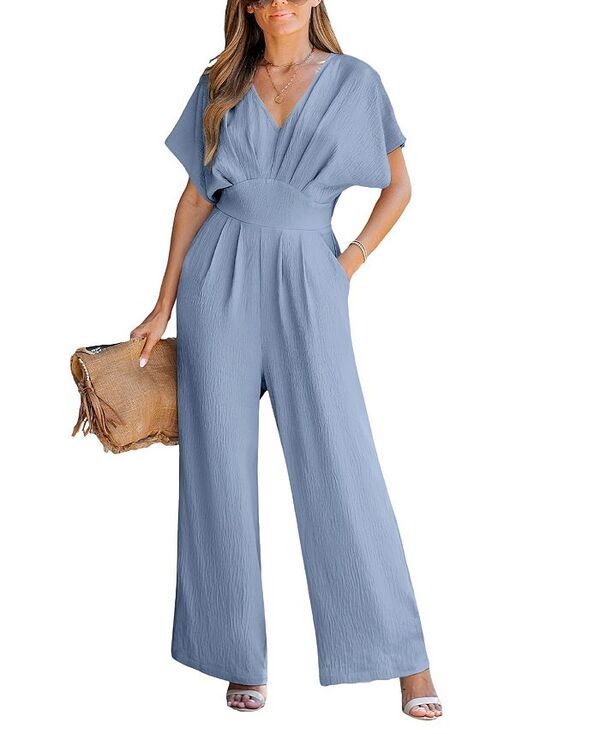 カップシー レディース ボトムス カジュアルパンツ Vネック ストレート ジャンプスーツ CUPSHE Womens VNeck Short Sleeve Straight Leg Jumpsuit Lightpastel blue ブルー