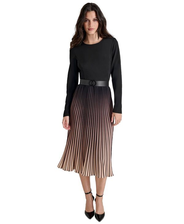 ダナ キャラン ニューヨーク レディース トップス ワンピース スカート 長袖 DKNY Womens Ombreacute Belted PleatSkirt LongSleeve Dress BlackBeige ブラック