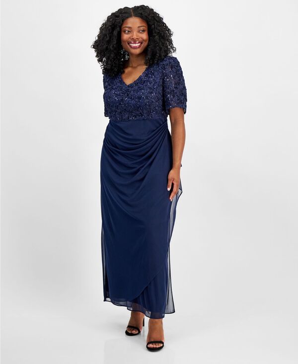 アレックスイブニングス レディース トップス ワンピース プラスサイズ 半袖 Alex Evenings Plus Size Soutache Embellished ShortSleeve Gown Navy ネイビー