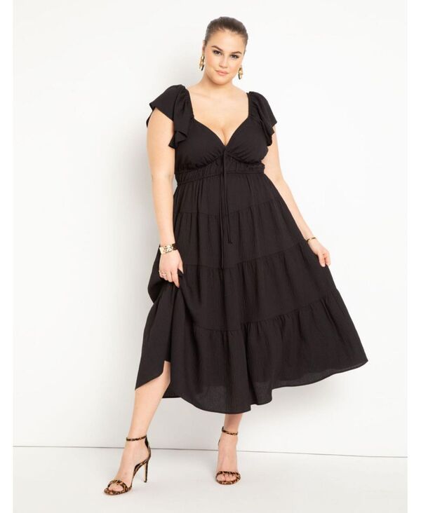 エロクイ レディース トップス ワンピース ティアード マキシワンピース プラスサイズ フリル マキシ ELOQUII Plus Size Ruffled Tiered Maxi Dress Black onyx ブラック