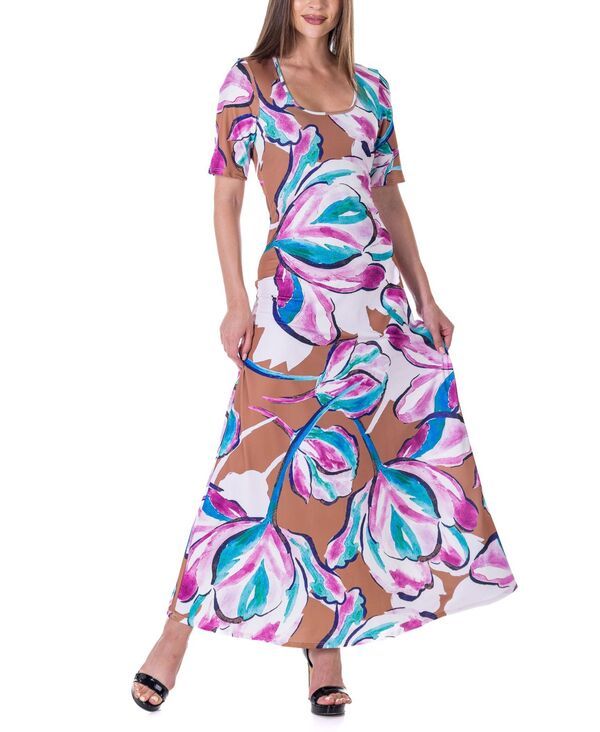 24 セブンコンフォート レディース トップス ワンピース A ライン マキシワンピース プリント マキシ 24seven Comfort Apparel Womens Print Elbow Sleeve Casual A Line Maxi Dress M