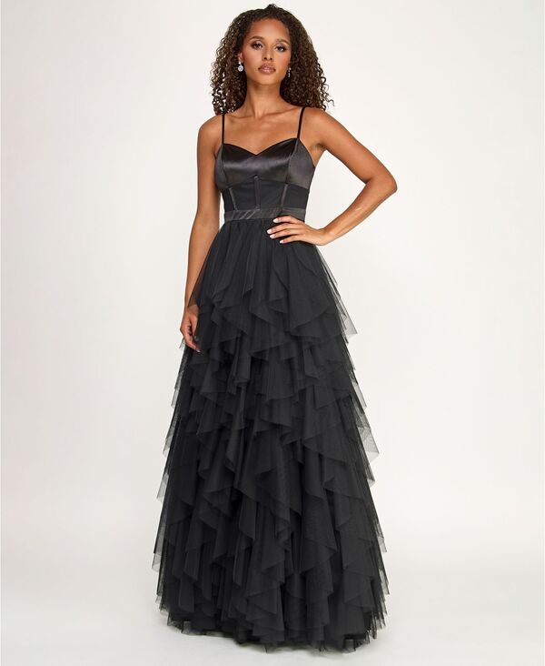 シティー スタジオ レディース トップス ワンピース フリル City Studios Juniors SweetheartNeck Ruffled Cascade Gown Black ブラック