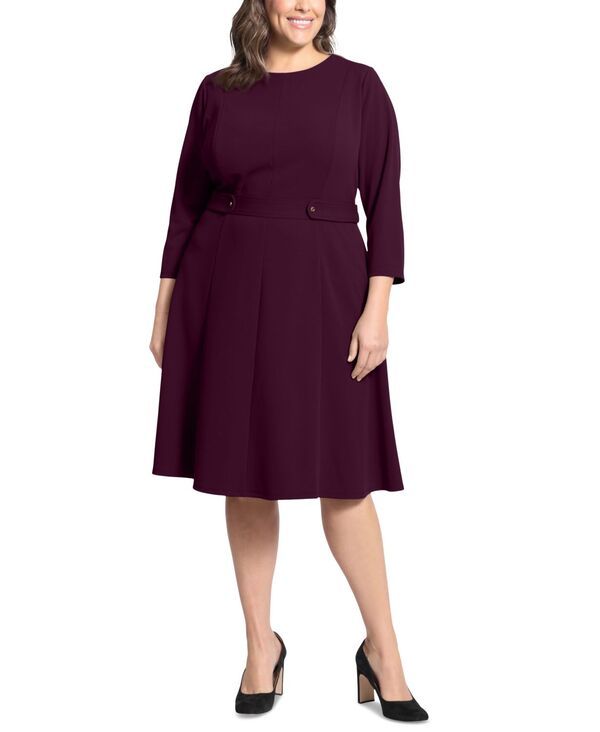 ロンドンタイムス レディース トップス ワンピース プラスサイズ London Times Plus Size 34Sleeve TabWaist Fit Flare Dress Luxe Plum プラム