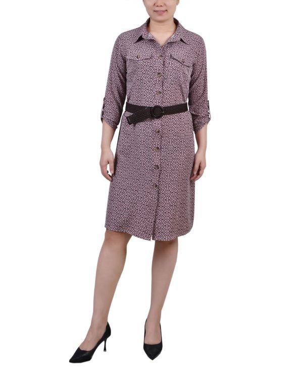 ニューヨークコレクション レディース トップス ワンピース シャツワンピース プチ シャツ NY Collection Petite 34 Roll Tab Sleeve Shirtdress Lilas Black Swirl ブラック