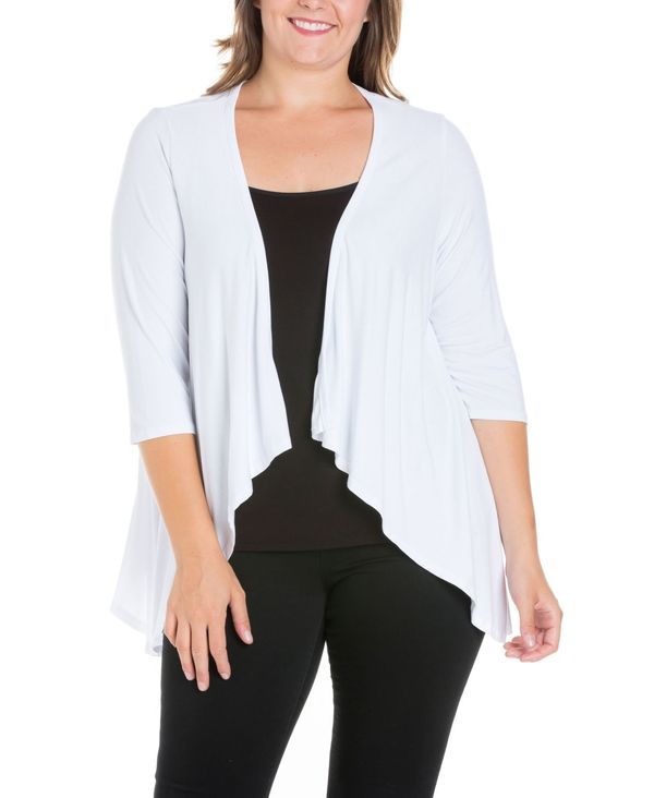 24 セブンコンフォート レディース アウター ニット・セーター プラスサイズ カーディガン 24seven Comfort Apparel Plus Size Elbow Length Sleeve Open Cardigan White ホワイト