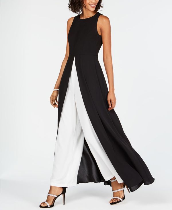 アドリアナ パペル レディース ボトムス カジュアルパンツ オーバーレイ カラーブロック ジャンプスーツ Adrianna Papell Colorblocked Overlay Jumpsuit BlackIvory アイボリー