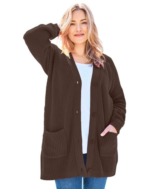ウーマン ウィズイン レディース アウター ニット・セーター カーディガン Woman Within Womens Within ButtonFront Shaker Cardigan Chocolate チョコレート