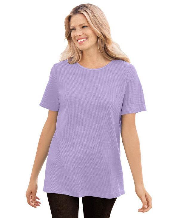 ウーマン ウィズイン レディース トップス シャツ プラスサイズ Tシャツ サテン Woman Within Plus Size Waffle Thermal Satin Trim Tee Soft iris
