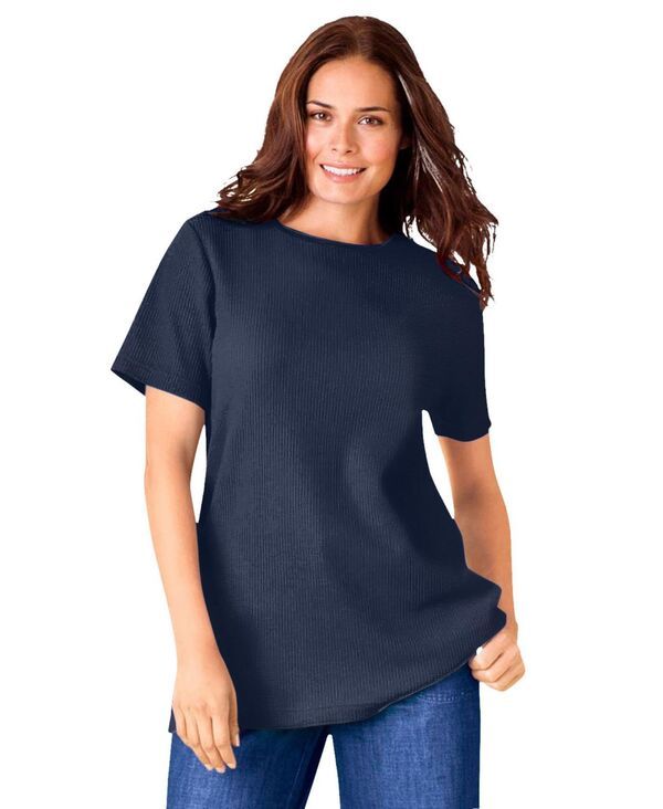 ウーマン ウィズイン レディース トップス シャツ プラスサイズ Tシャツ サテン Woman Within Plus Size Waffle Thermal Satin Trim Tee Navy ネイビー