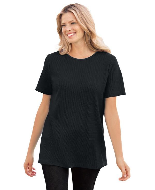 ウーマン ウィズイン レディース トップス シャツ プラスサイズ Tシャツ サテン Woman Within Plus Size Waffle Thermal Satin Trim Tee Black ブラック