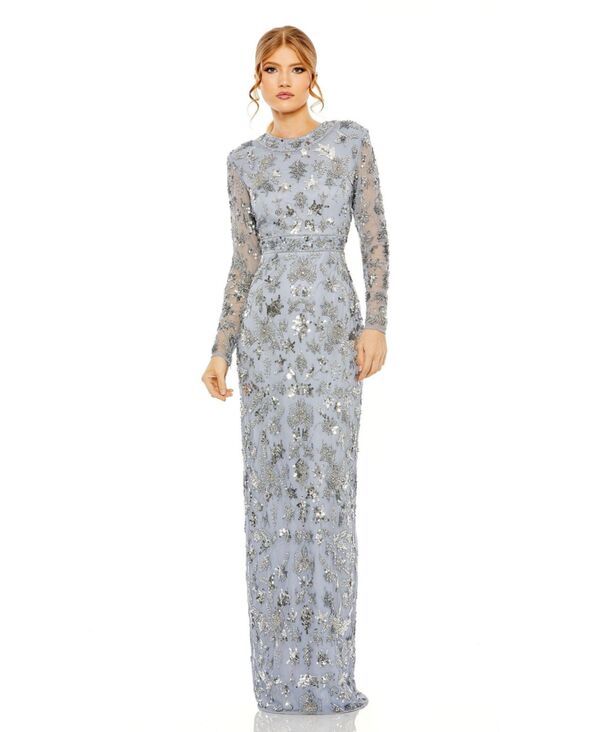 マックダガル レディース トップス ワンピース ハイネック Mac Duggal Womens High Neck Long Sleeve Embellished Column Gown Slate blue スレート