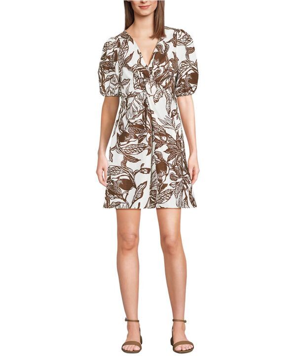ランズエンド レディース トップス ワンピース プチ リネン Lands End Petite Linen Above the Knee Puff Sleeve Dress Vanillabark etched leaves