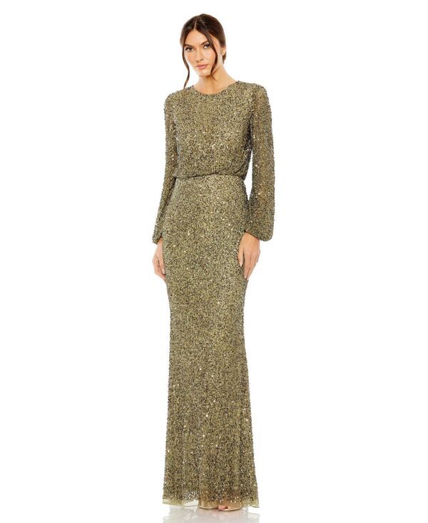 マックダガル レディース トップス ワンピース ハイネック Mac Duggal Womens High Neck Long Sleeve Beaded Blouson Gown Olive オリーブ