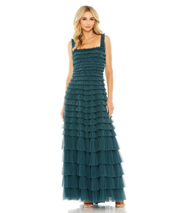 マックダガル レディース トップス ワンピース フリル メッシュ Mac Duggal Womens Textured Mesh Gown with Allover Ruffles and Square Neckline Teal ティール