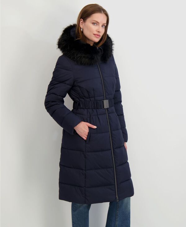 タハリ レディース アウター ジャケット・ブルゾン コート Tahari Womens FauxFurTrim Hooded Belted Puffer Coat Navy ネイビー