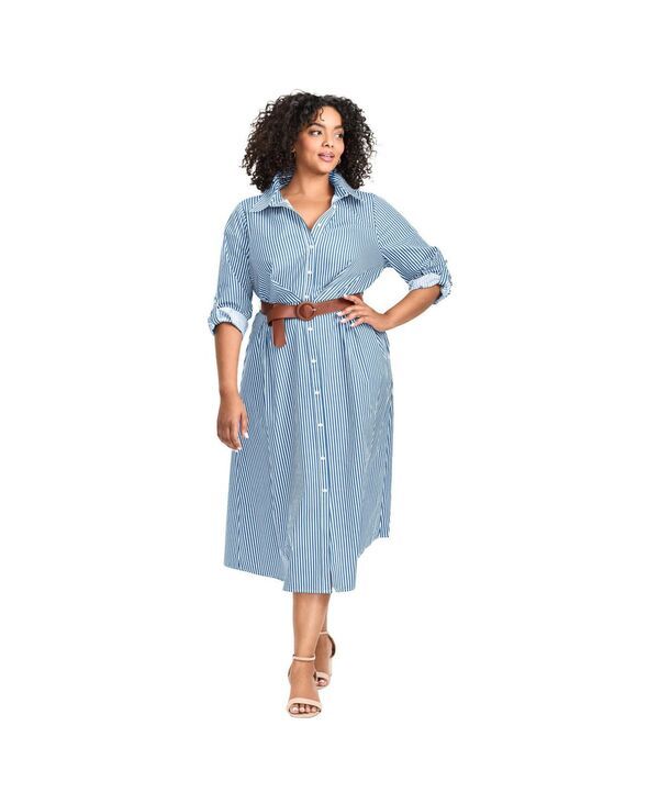 アベニュー レディース トップス ワンピース シャツ AVENUE Womens Leona Stripe Shirtdress With Belt Blue white ホワイト