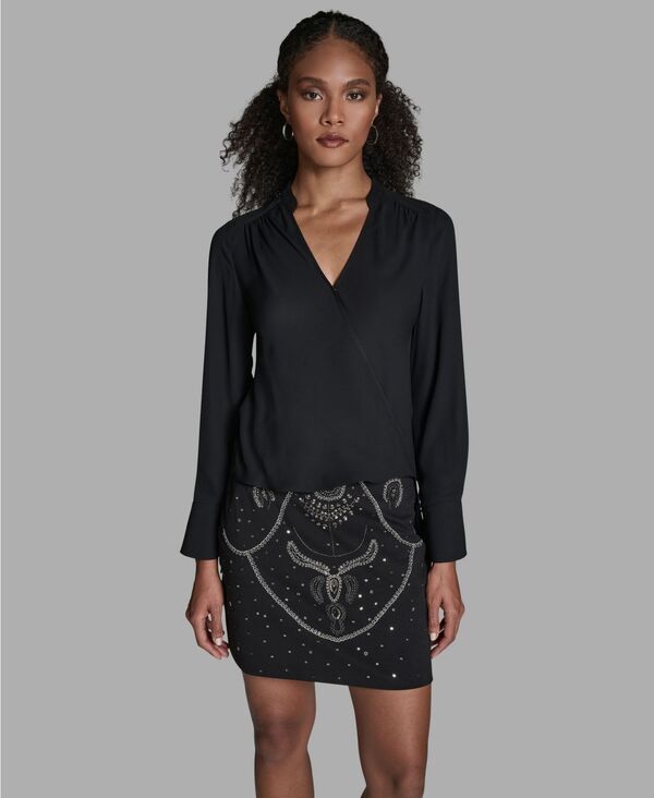 ビーシビージー レディース トップス シャツ 長袖 BCBG Womens LongSleeve HiLow FauxWrap Top Black ブラック