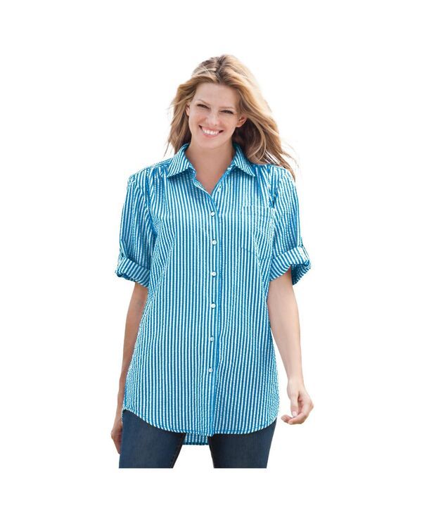 ウーマン ウィズイン レディース トップス シャツ ボタンダウン プラスサイズ 半袖 ダウン Woman Within Plusize Within ShortSleeve Button Down Seersucker Shirt Vibrant blue p