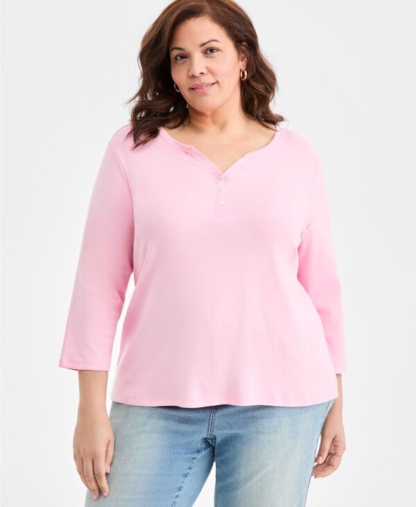 スタイルアンドコー レディース トップス シャツ コットン Style Co Womens Cotton 34Sleeve Henley Tee PXS4X Playful Pink ピンク