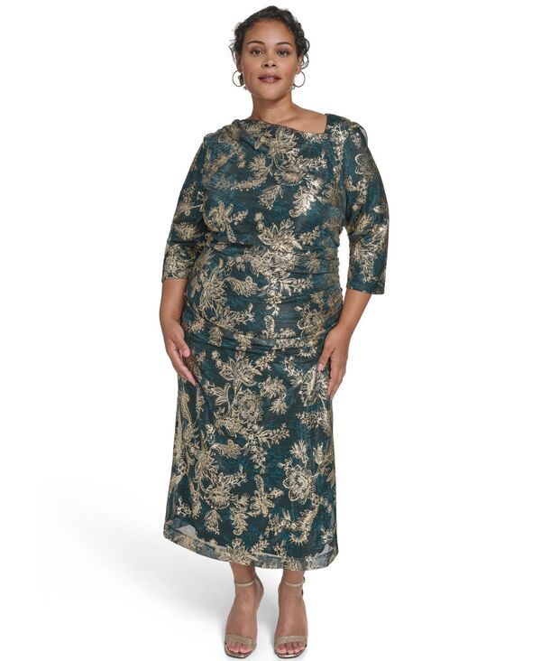 ヴィンスカムート レディース トップス ワンピース プラスサイズ ギャザー ミディ ニット Vince Camuto Plusize Ruched Foil Knit Midi Dress TealGold ティール