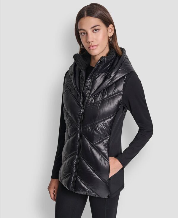 ダナ キャラン ニューヨーク レディース トップス ベスト コントラスト DKNY Womens Contrast Collar Hooded Puffer Vest Metallic Black ブラック