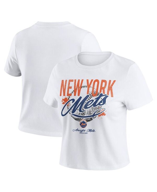 ウェア バイ エリン アンドルーズ レディース トップス Tシャツ クロップド WEAR by Erin Andrews Womens White New York Mets Distressed Cropped Baby TShirt White ホワイト