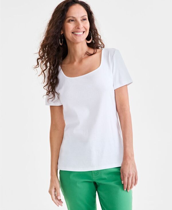 スタイルアンドコー レディース トップス シャツ Tシャツ 半袖 コットン Style Co Womens Cotton SquareNeck ShortSleeve TShirt PXS 3X Bright White ホワイト