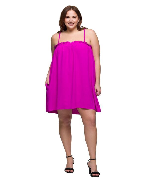24 セブンコンフォート レディース トップス ワンピース ミニワンピース プラスサイズ ミニ シャーリング 24seven Comfort Apparel Plus Size Square Neck Spaghetti Strap Smocked Pocke