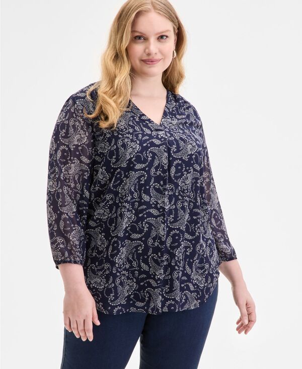 ジョーンズニューヨーク レディース トップス シャツ プラスサイズ プリント Jones New York Plus Size Kelly PaisleyPrint Top Pacific Navy Jones Whi ネイビー