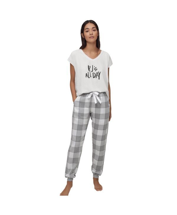 Ellos レディース アンダーウェア ナイトウェア プラスサイズ パンツ Ellos Plus Size Plaid Flannel Sleep Pants Grey white plaid ホワイト