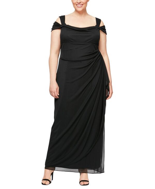 アレックスイブニングス レディース トップス ワンピース ドレープ プラスサイズ Alex Evenings Plus Size Draped ColdShoulder Evening Dress Black ブラック 17,486円