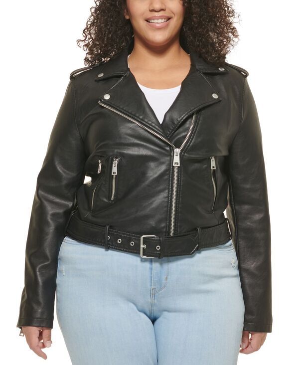 リーバイス レディース アウター ジャケット・ブルゾン プラスサイズ レザー フェイクレザー ジャケット Levis Plus Size Faux Leather Belted Motorcycle Jacket blackブラック