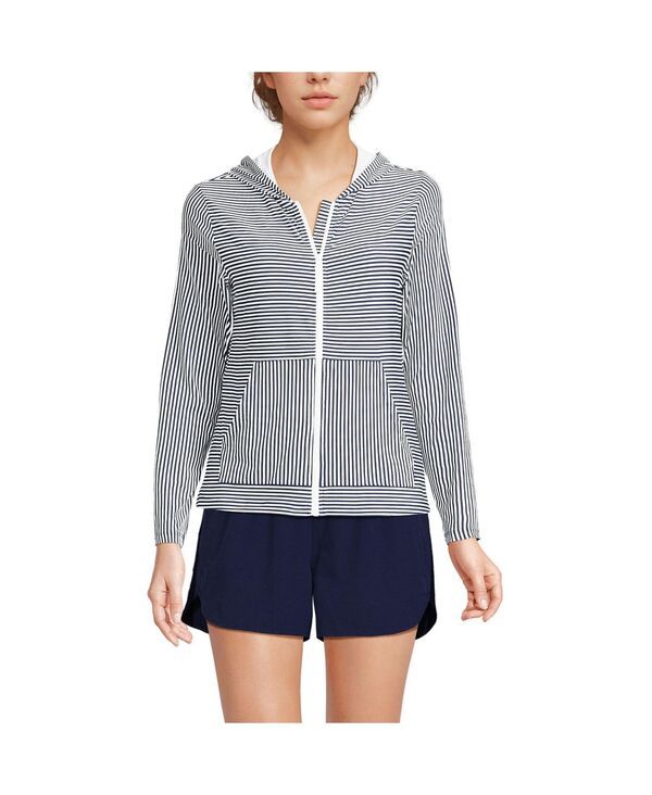 ランズエンド レディース アウター パーカー・スウェット Lands End WomensunShade UPF 50 Long Sleeve Hooded Full Zip Rash Guardeep sea navy mini stripe ネイビー