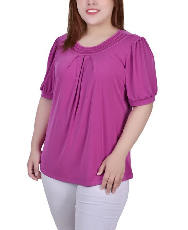 ニューヨークコレクション レディース トップス シャツ プラスサイズ シアー NY Collection Plus Size Short Puff Sleeve Sheer Inset Top Magenta マゼンタ