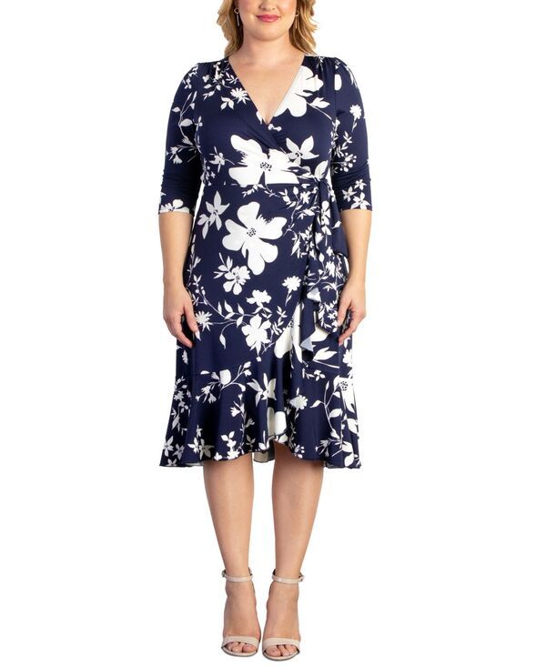 キヨナ レディース トップス ワンピース ラップワンピース プラスサイズ ミディ Kiyonna Plus Size Flirty Flounce Midi Wrap Dress with 34 Sleeves Navy floral print ネイビー