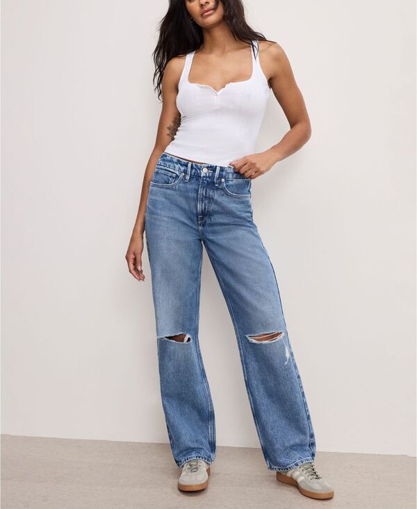 グッドアメリカン レディース ボトムス デニムパンツ コットン ジーンズ Good American Womens Cotton 90s HighRise Relaxed Distress Jeans Indigo893