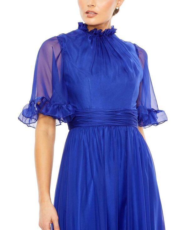マックダガル レディース トップス ワンピース ハイネック フリル Mac Duggal Womens Ruffled High Neck Flutter Sleeve High Low Hem Gown Sapphire サファイア