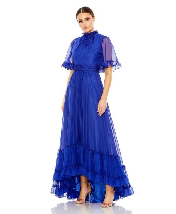 マックダガル レディース トップス ワンピース ハイネック フリル Mac Duggal Womens Ruffled High Neck Flutter Sleeve High Low Hem Gown Sapphire サファイア