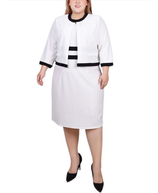 ニューヨークコレクション レディース トップス ワンピース プラスサイズ カラーブロック NY Collection Plus Size Elbow Sleeve Colorblocked Dress 2 Piece Set White Black ホワイト