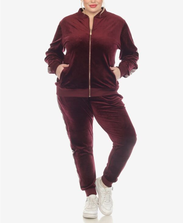 ホワイトマーク レディース アンダーウェア ナイトウェア プラスサイズ トラックスーツ レザー フェイクレザー White Mark Plus Size Faux Leather Stripe Velour 2 Piece Tracksuit Set Burg