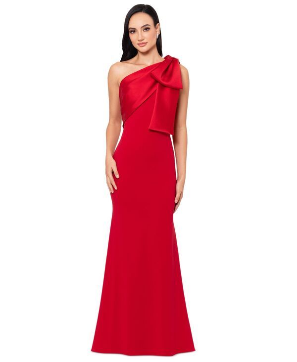 ベッツィアンドアダム レディース トップス ワンピース ワンショルダー Betsy Adam Womens BowTrimmed OneShoulder Gown Red レッド