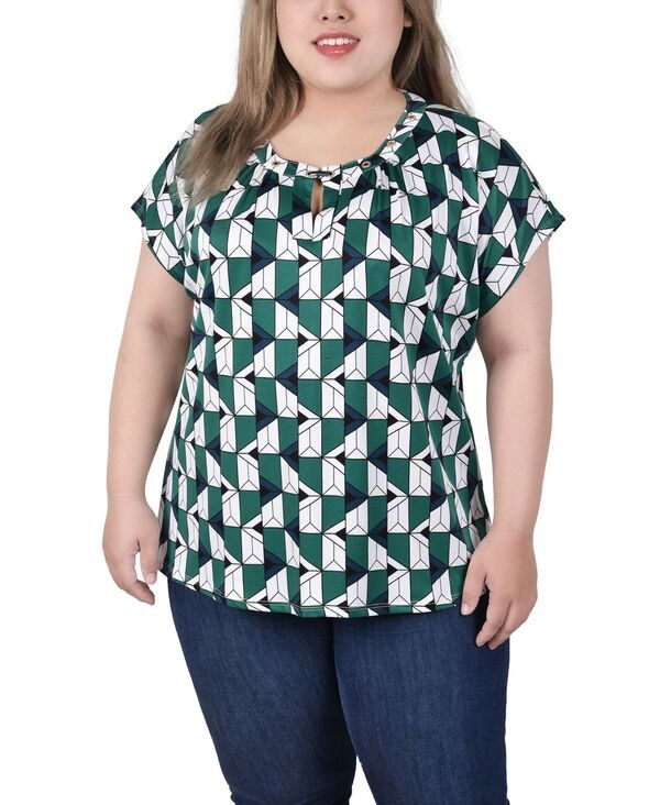 ニューヨークコレクション レディース トップス シャツ プラスサイズ NY Collection Plus Size Extended Sleeve Top with Grommets Kelly Green Ivory Geo Link アイボリー