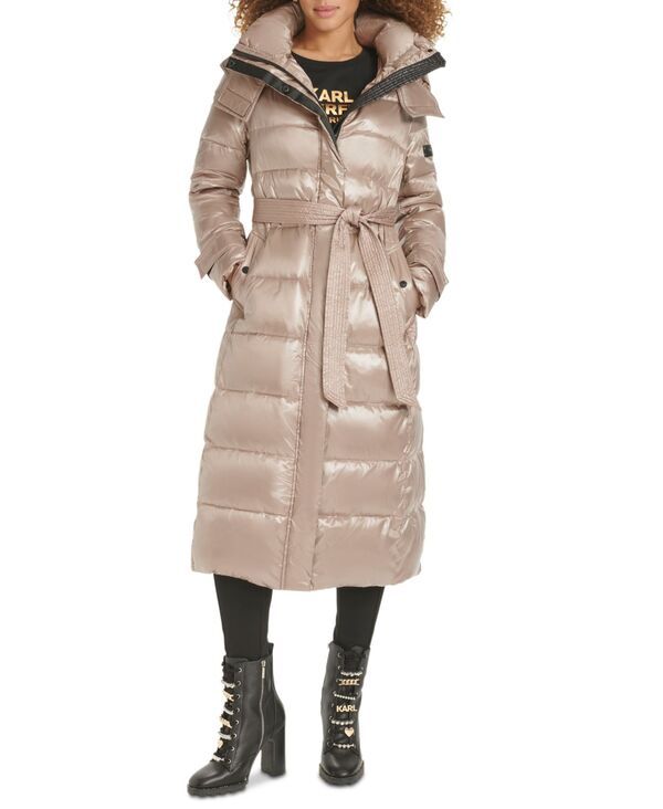 カール ラガーフェルド レディース アウター ジャケット・ブルゾン コート KARL LAGERFELD PARIS Karl Lagerfeld Womens Shine Hooded Belted Puffer Coat SAND サンド