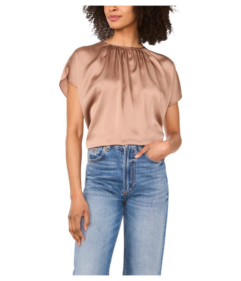 ヴィンスカムート レディース トップス シャツ クルーネック Vince Camuto Crewneck Shirring Short Sleeve Rich Taupe トープ