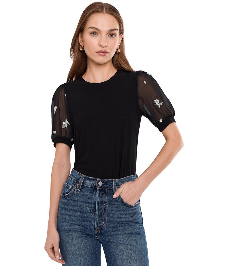 セセ レディース トップス シャツ ニット CeCe Puff Mixed Media Short Sleeve Knitop Rich Black ブラック