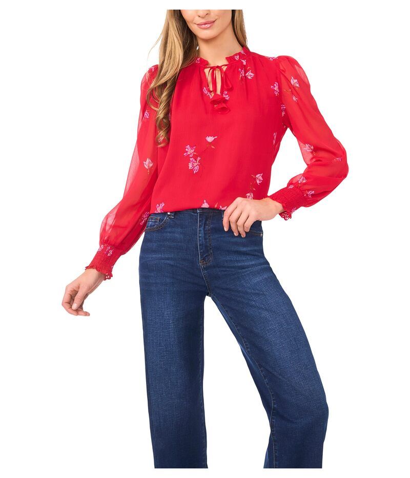 セセ レディース トップス シャツ フリル シャーリング CeCe Smocked Cuff Ruffle Tie Neck Top Stoplight Red レッド
