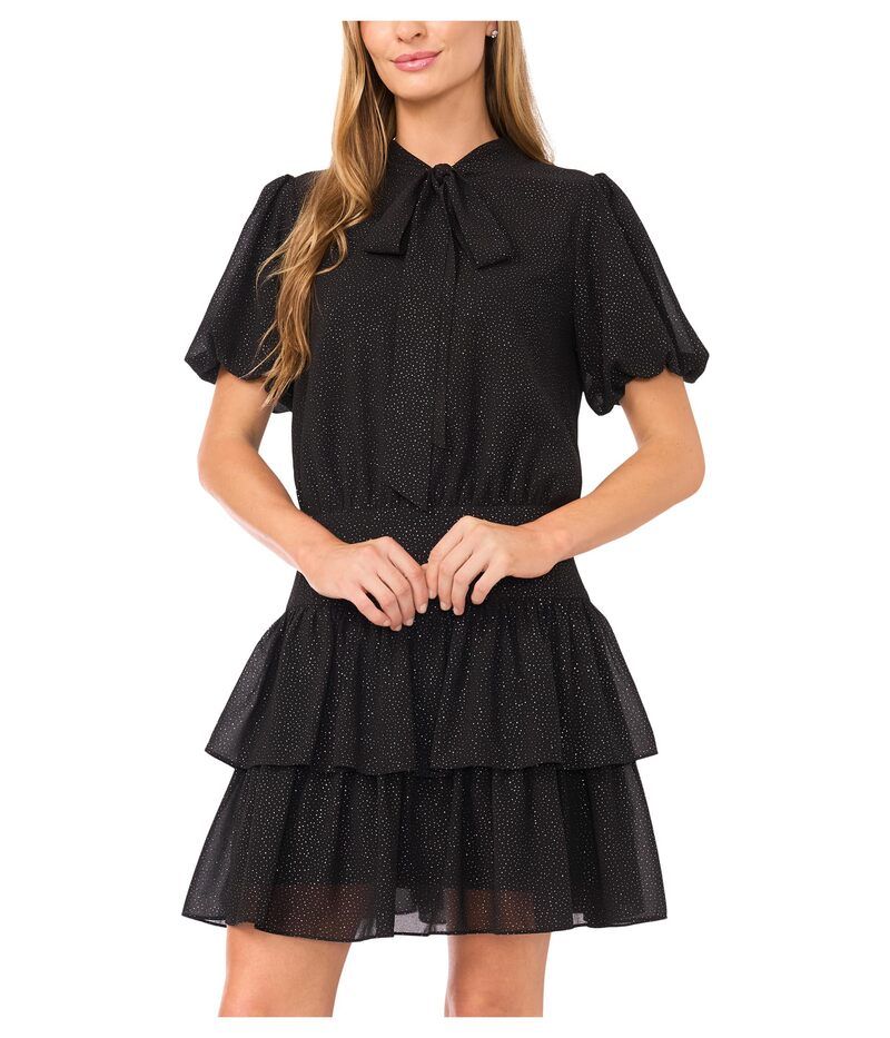 セセ レディース トップス ワンピース ミニワンピース フリル ミニ CeCe Tie Neck Ruffled Tier Mini Dress Rich Black ブラック