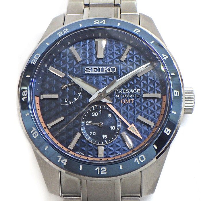 セイコー SEIKO 腕時計 プレサージュ シャープエッジドシリーズ SPB217J1/6R64-00C0 GMT デイト 裏スケ パワーリザーブ表示 夜光 麻の葉文様 藍鉄 ブルー文字盤 SS 自動巻き 【箱・保付き】 【中古】 セイコー SEIKO 腕時計 プレサージュ シャープエッジドシリーズ