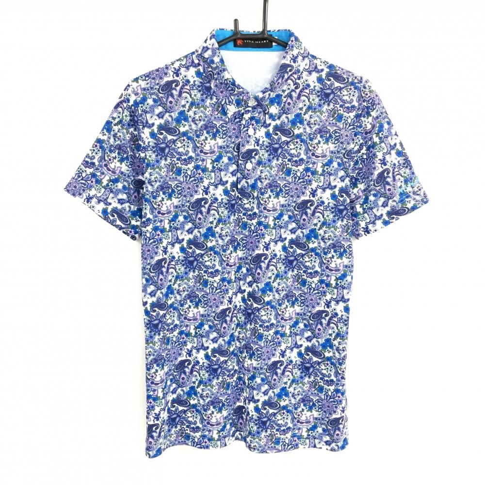【美品】ビバハート 半袖ポロシャツ 白×ネイビー系×パープル系 ペイズリー柄 ボタンダウン メンズ 48(M) ゴルフウェア VIVA HEART